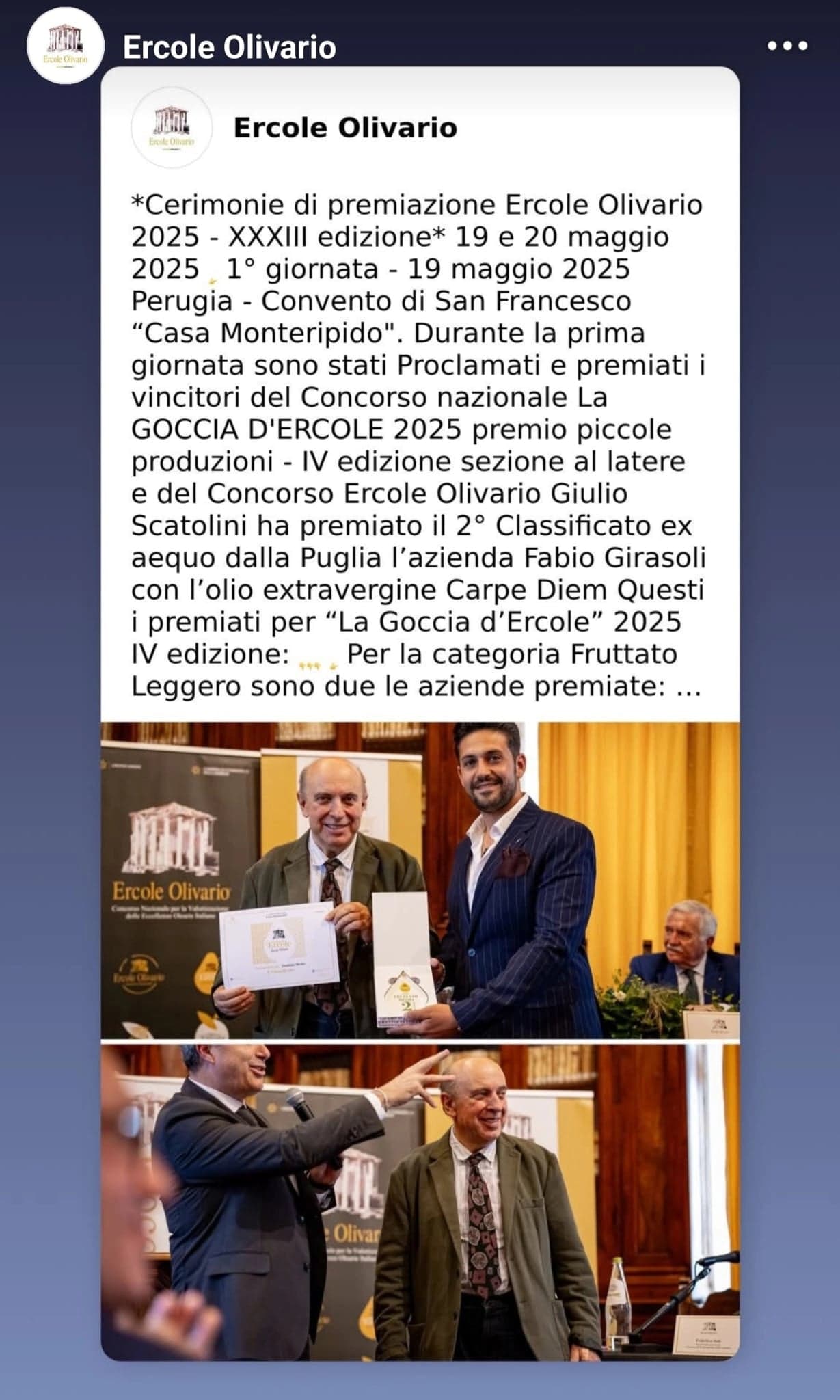 Ercole Olivario 2025 award ceremony: joint 2nd place for Carpe Diem olive oil